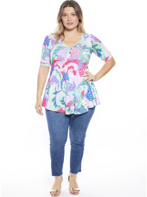 Plus Size Abstract V-Neck Elbow Sleeve Henley Tunic Top