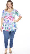 24seven Comfort Apparel Plus Size Abstract V-Neck Elbow Sleeve Henley Tunic Top
