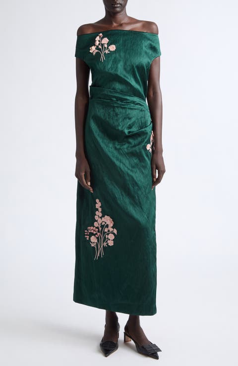 Embroidered Textured Satin Cocktail Dress
