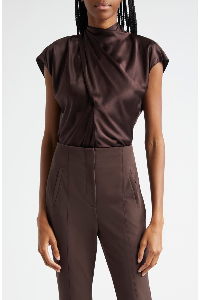 Leilany Tie Neck Silk Top, Main, color, DARK CHOCOLATE