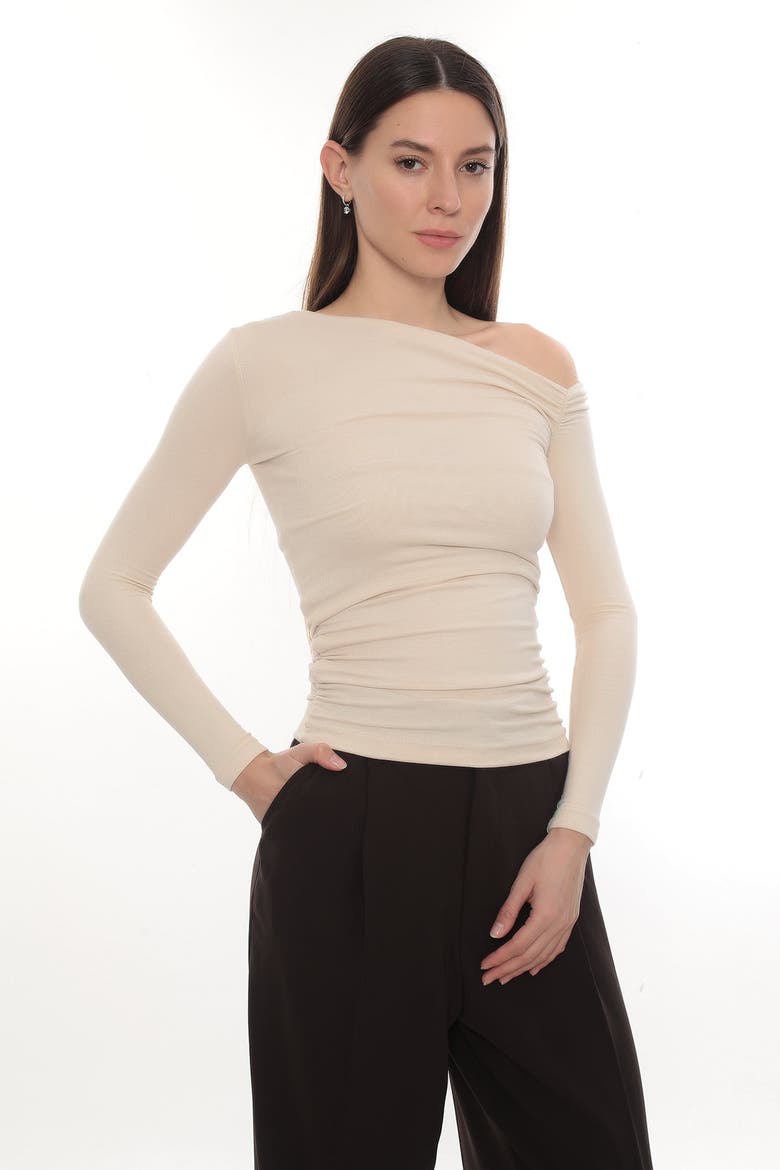 Lune Asymmetric Off-Shoulder Long Sleeve Stretch Top, Main, color, Ecru