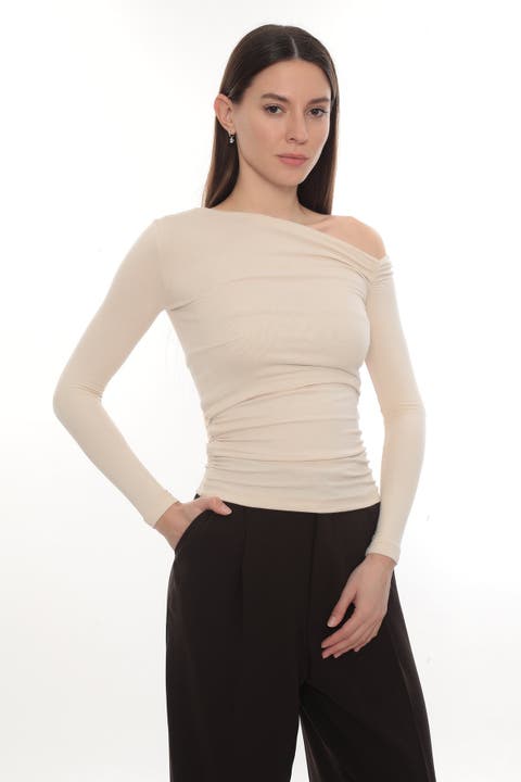 Asymmetric Off Shoulder Long Sleeve Stretch Lune Top