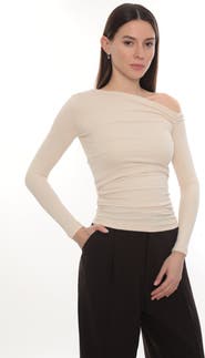 Monlicia Lune Asymmetric Off-Shoulder Long Sleeve Stretch Top