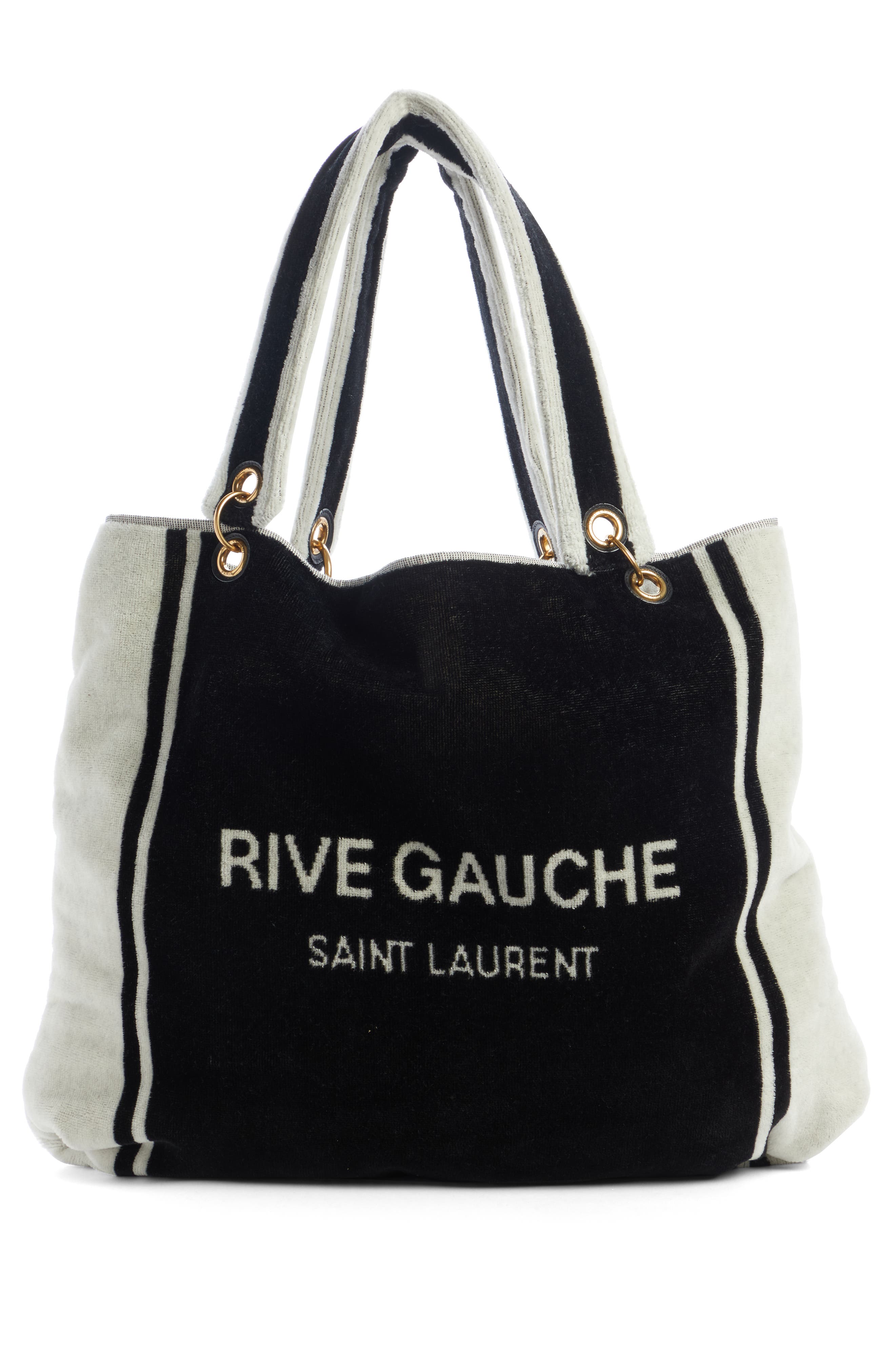 Saint Laurent Rive Gauche Noe Terrycloth Towel Tote, Alternate, color, Nero/ Bianco/ Nero