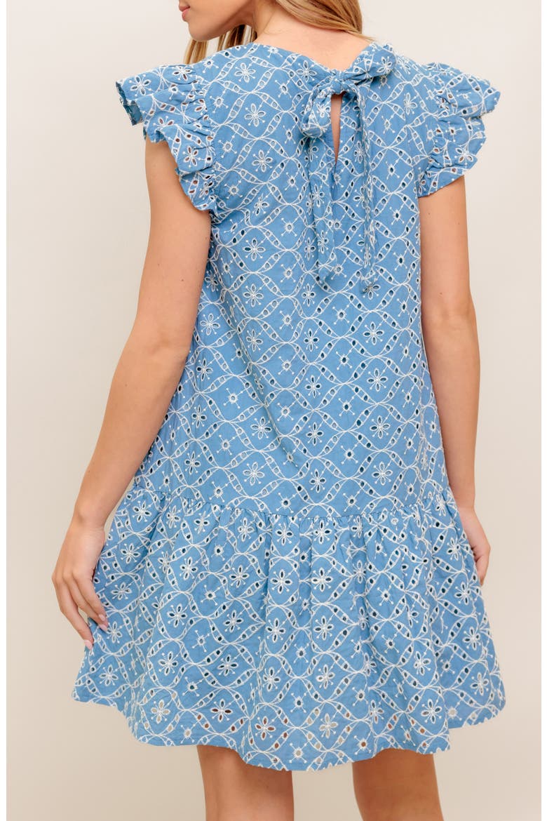 Embroidered Eyelet Cap Sleeve Drop Waist Dress, Alternate, color, BLUE/ IVORY