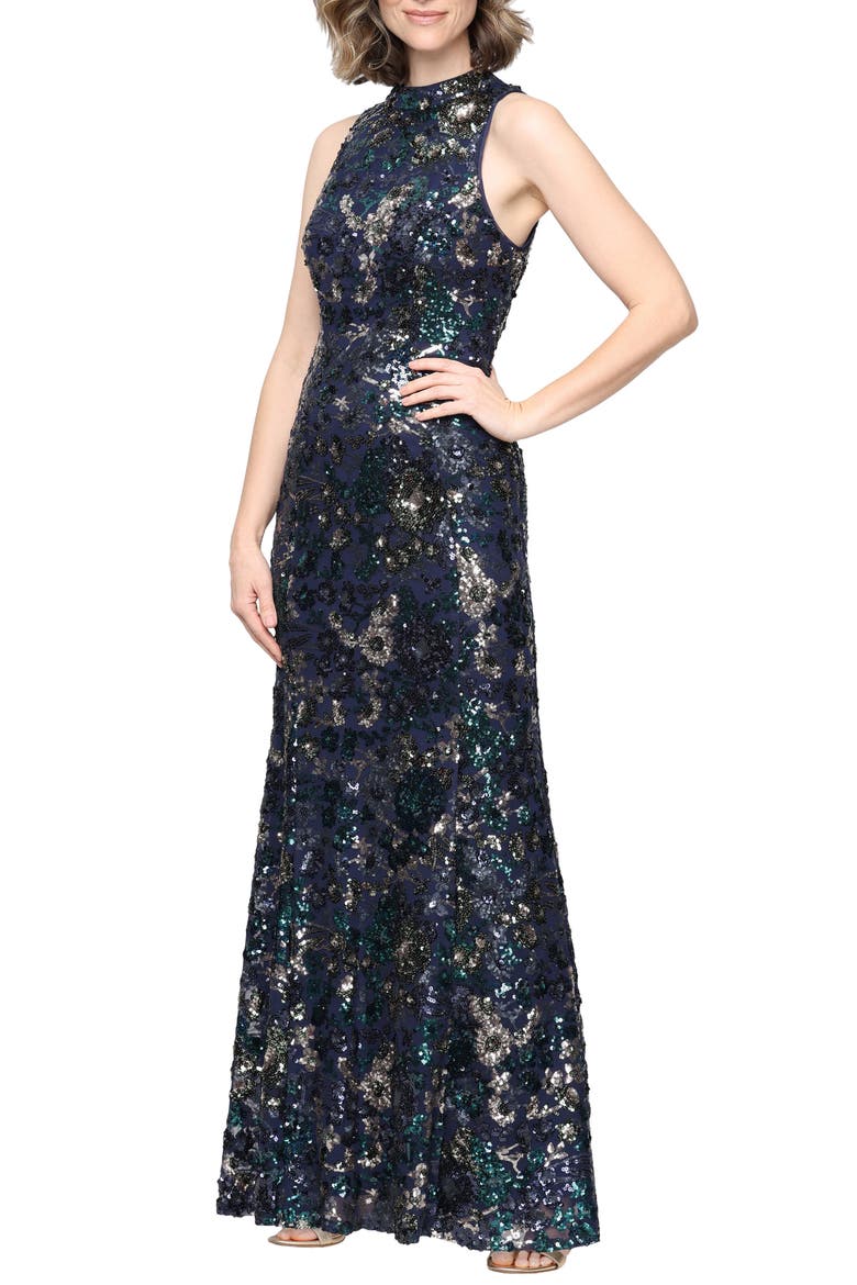 Sequin Sleeveless Mermaid Gown, Main, color, NAVY/ EMERALD