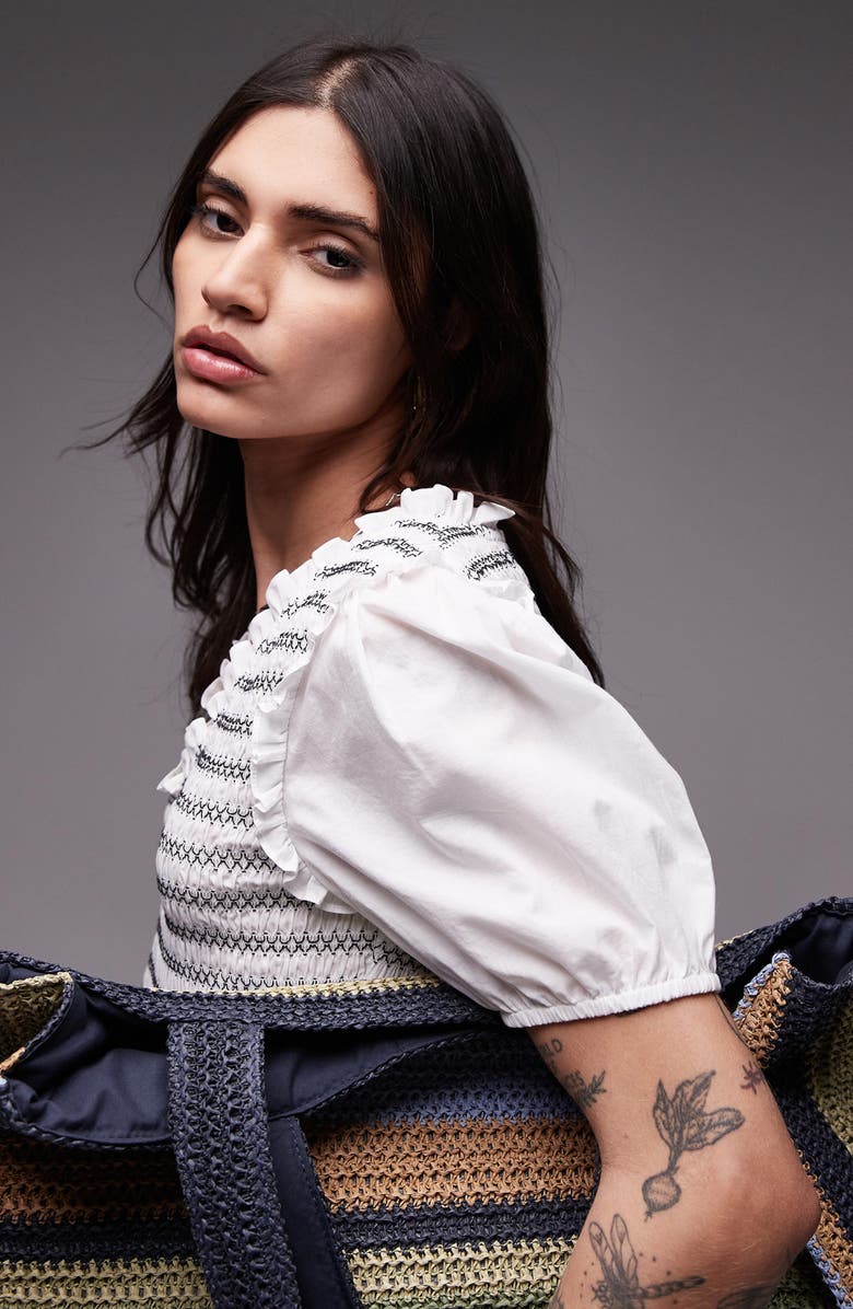 Topshop V-Neck Puff Sleeve Shirred Top, Alternate, color, White Multi