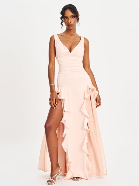 Talyssa Ruched Waist Double High Slit Maxi Gown