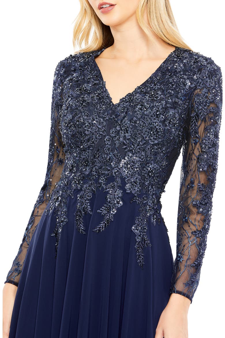 Embroidered Illusion Long Sleeve V Neck Gown, Alternate, color, NAVY