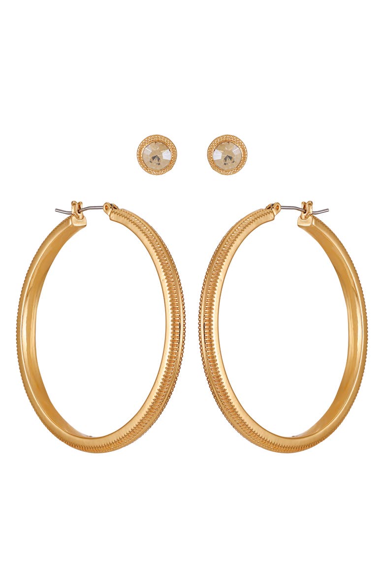 Vince Camuto Set of Two Crystal Stud & Hoop Earrings, Alternate, color, Gold