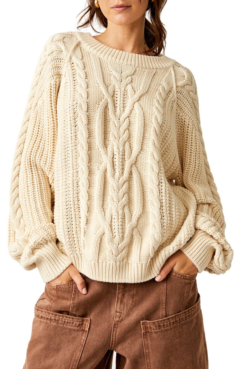 Free People Frankie Cable Cotton Sweater, Main, color, Ivory