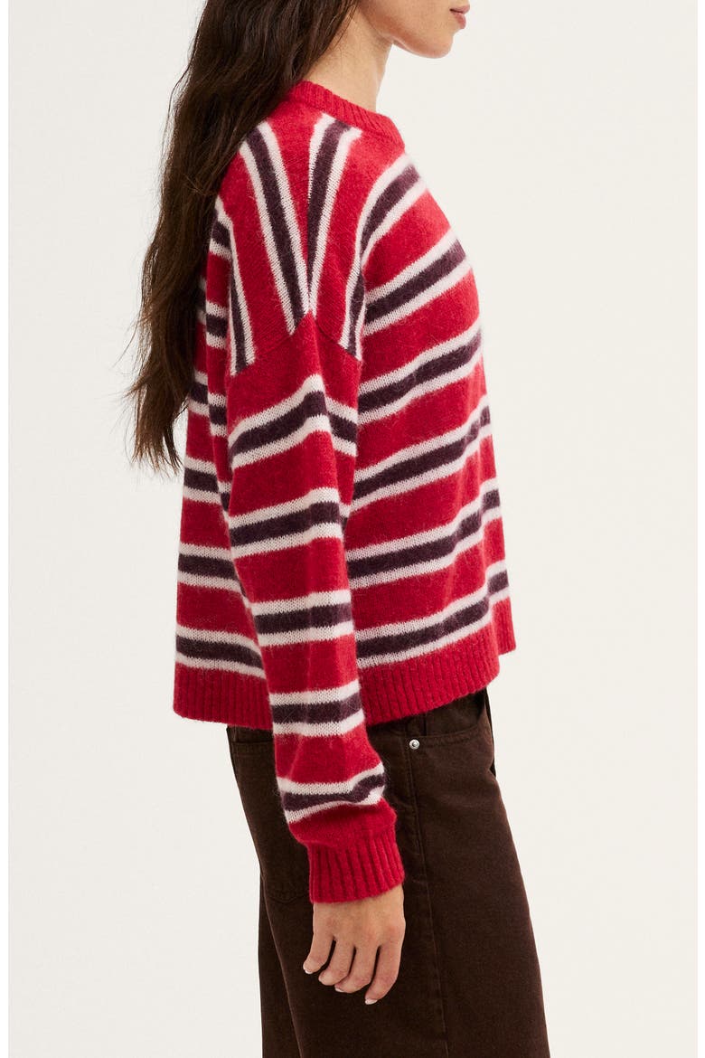 Stripe Crewneck Sweater in Alpaca Blend, Alternate, color, CRIMSON TRIO STRIPE