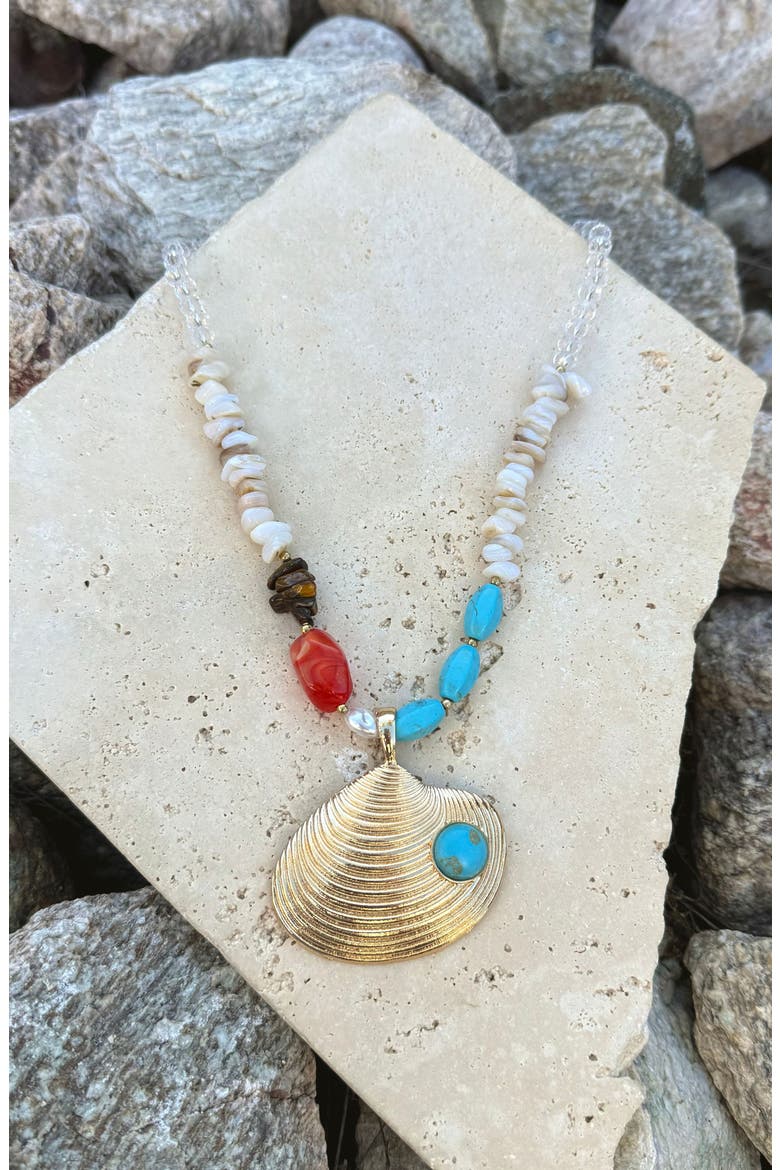 Mixed Bead Shell Pendant Necklace, Alternate, color, BLUE/ GOLD