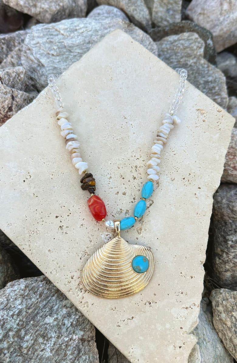 Adornia Mixed Bead Shell Pendant Necklace, Alternate, color,