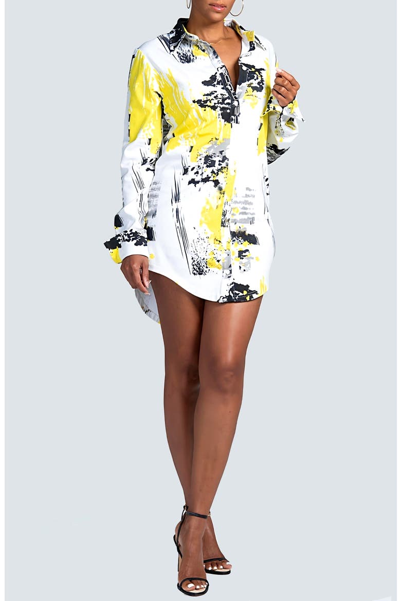 Unity Abstract Print Long Sleeve Mini Shirtdress, Alternate, color, WHITE
