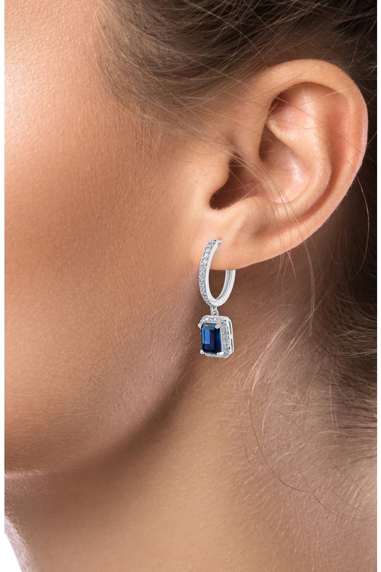 Emerald Cut Cubic Zirconia Halo Drop Huggie Hoop Earrings, Alternate, color, BLUE/ SILVER