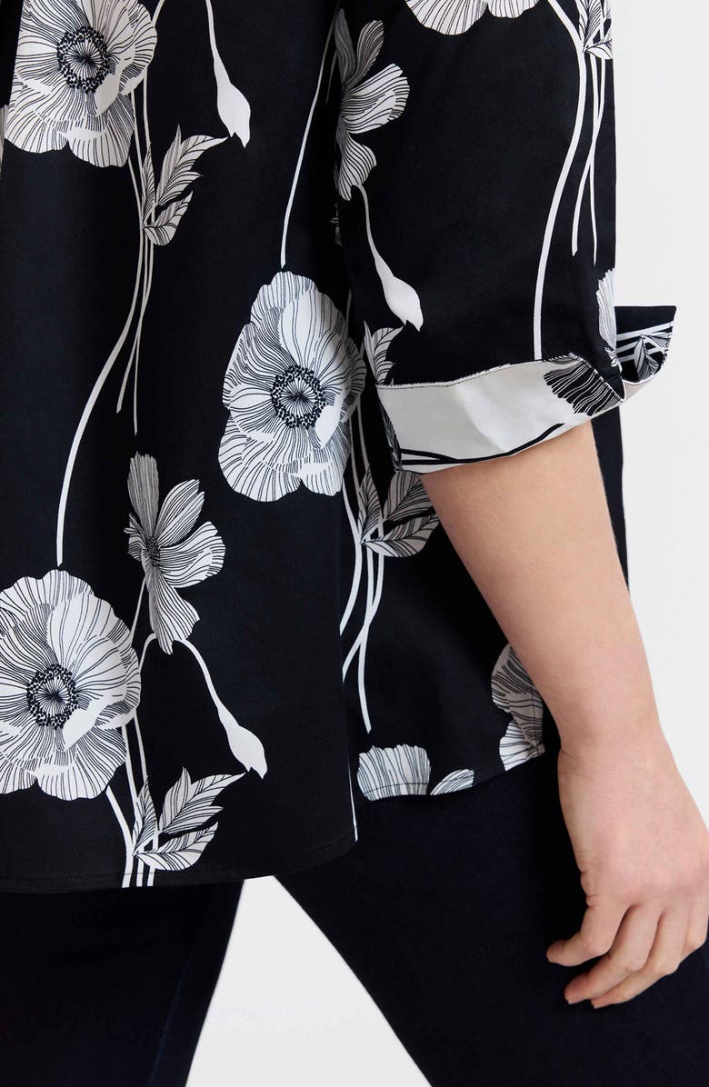 Foxcroft Agnes Poppy Print Three-Quarter Sleeve Popover Top, Alternate, color, Black/ White