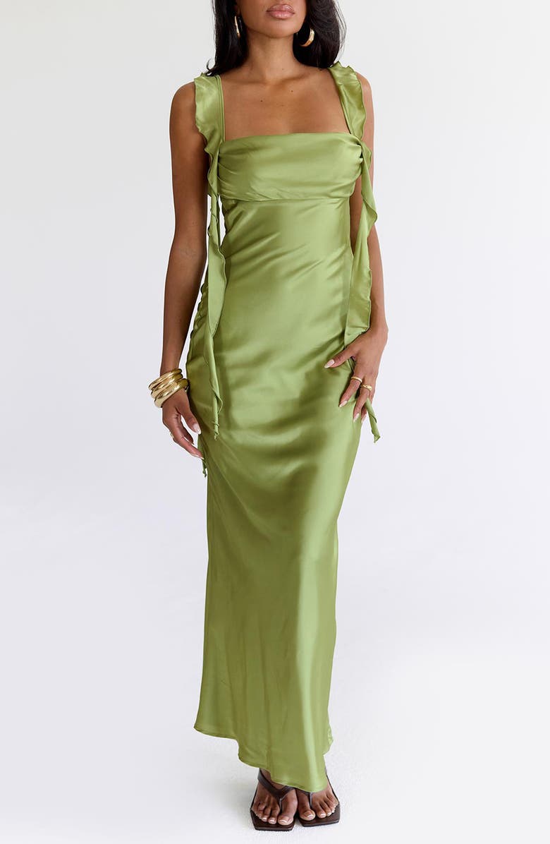 Princess Polly Lanai Ruffle Sleeveless Gown, Main, color, Olive