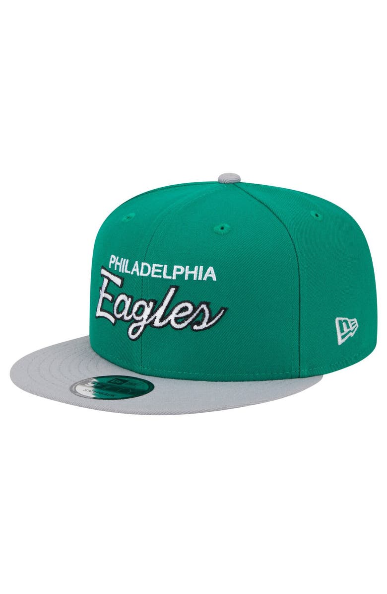 New Era Men's New Era Kelly Green/Silver Philadelphia Eagles Historic Script 9FIFTY Snapback Hat, Alternate, color,