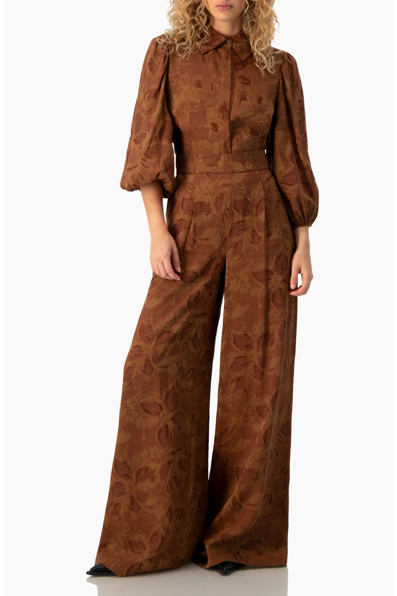 Floral Jacquard 3/4 Puff-Sleeve Button-Down Collared Shirt, Alternate, color, Chocolate