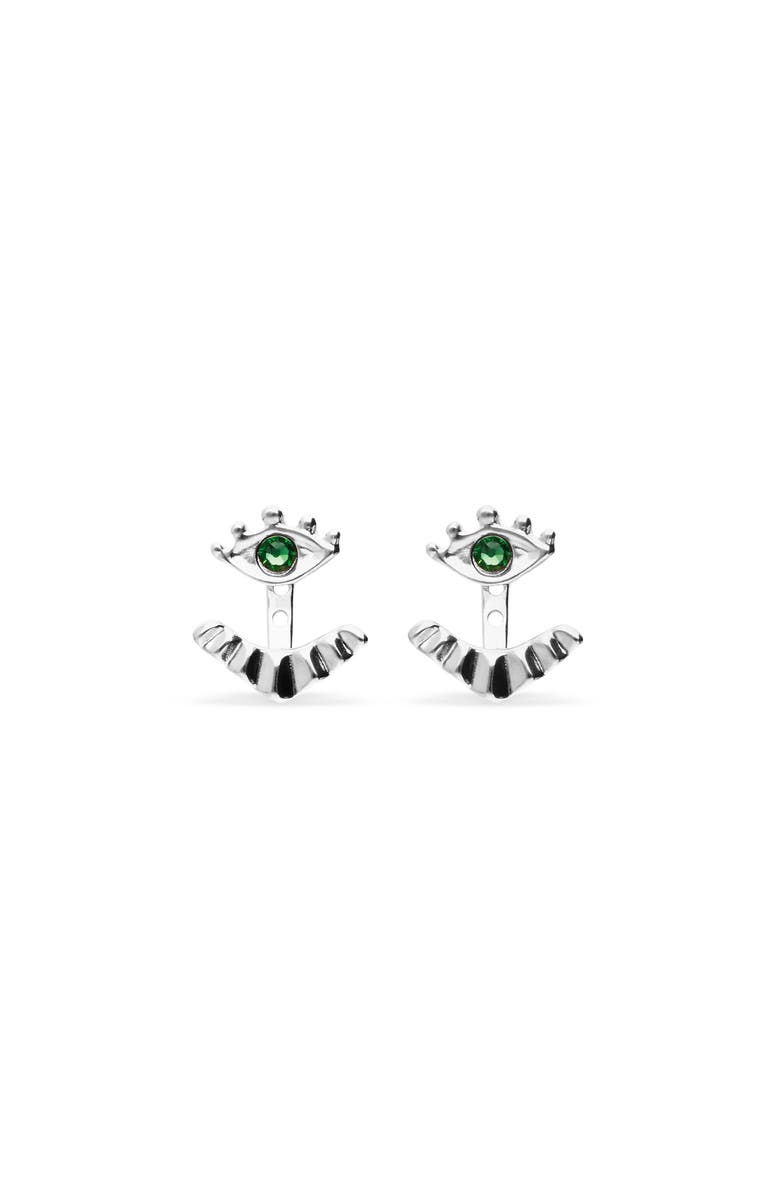 UNODE50 Silver-plated earrings with detachable eyelashes and green crystal, Alternate, color, Silver