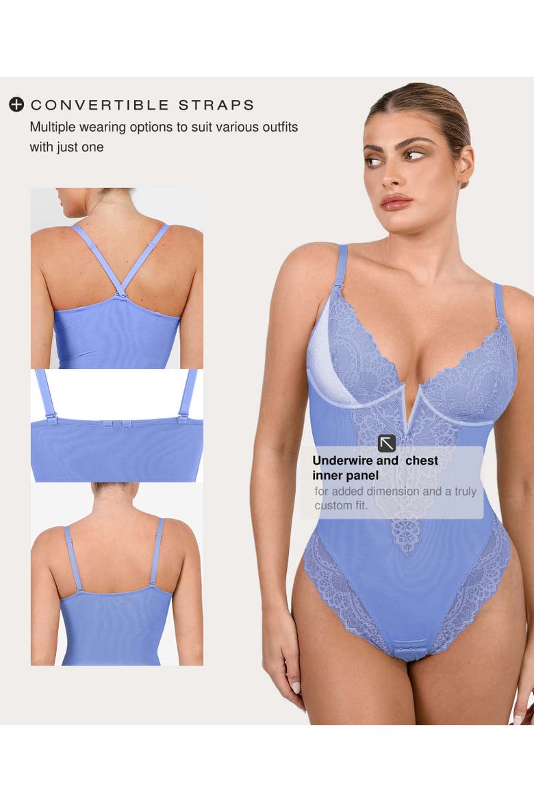 Plus Size Shapewear Lace Deep V-Neck Sculpting Thong Bodysuit, Alternate, color, Baby Blue