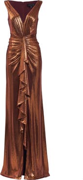 Tadashi Shoji V-Neck Metallic Evening Gown