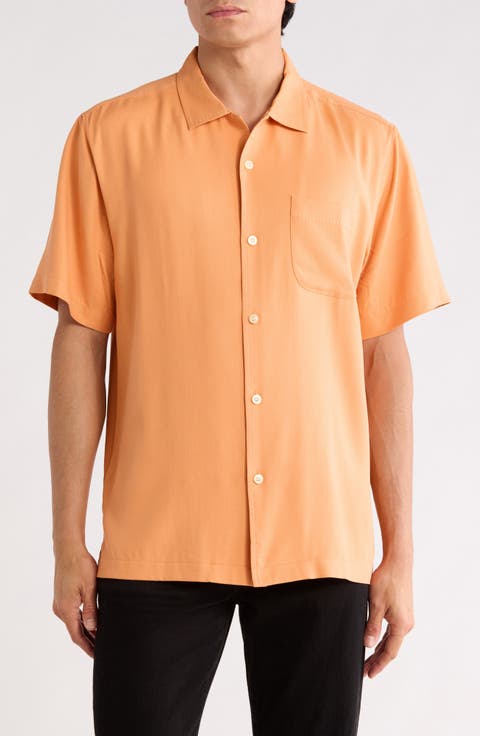 Herringbone Short Sleeve Silk Button-Up Camp Shirt
