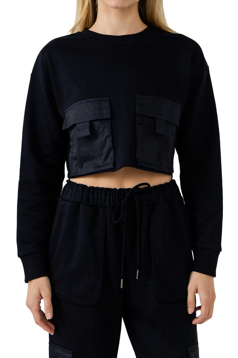 Crop Pocket Cotton Sweatshirt, Main, color, BLACK