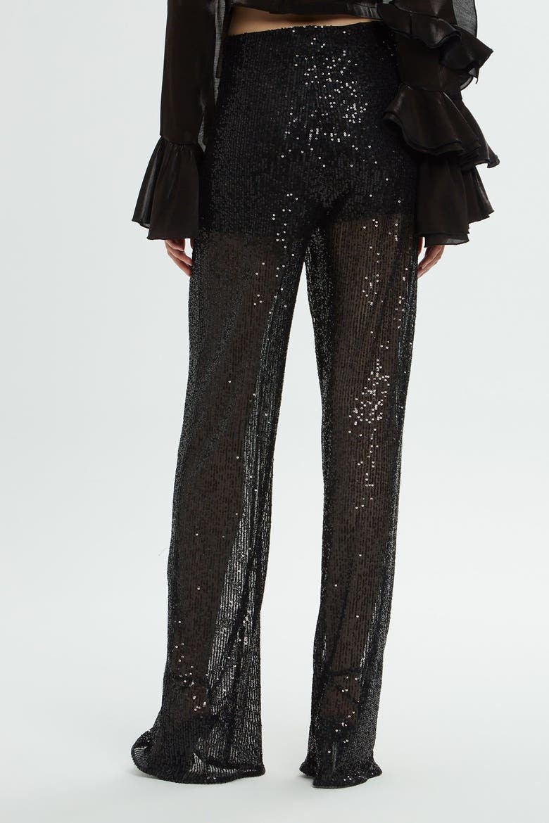 Sequin Side-Zip Black Statement Wide-Leg Trousers, Alternate, color, Black