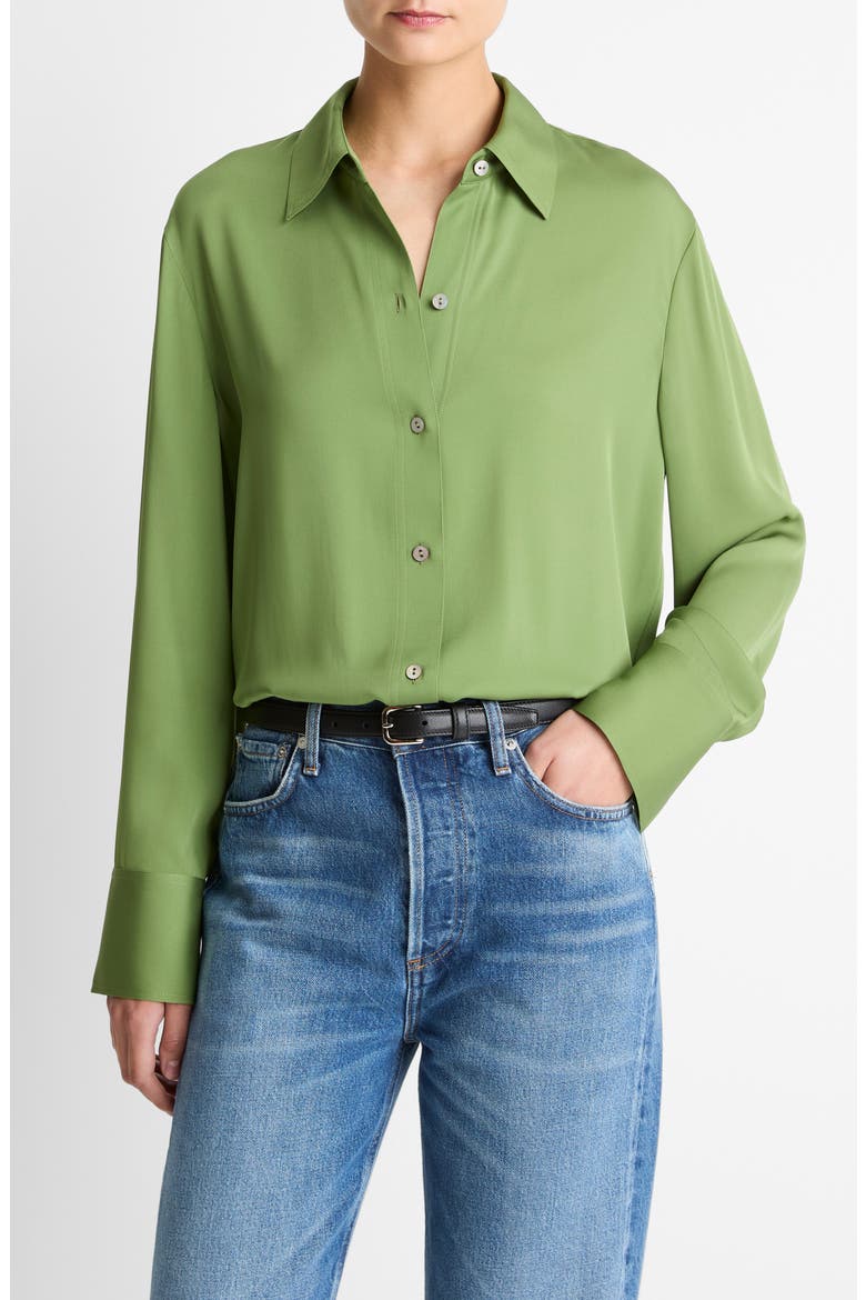 Stretch Silk Button-Up Shirt, Main, color, CLOVER