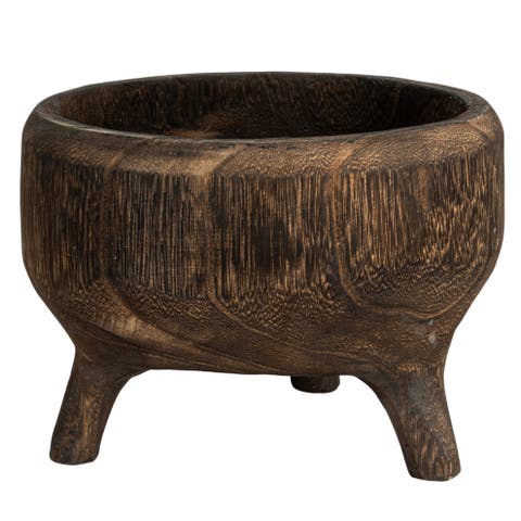 Rustic Paulownia Footed Wood Bowl, Charred Brown