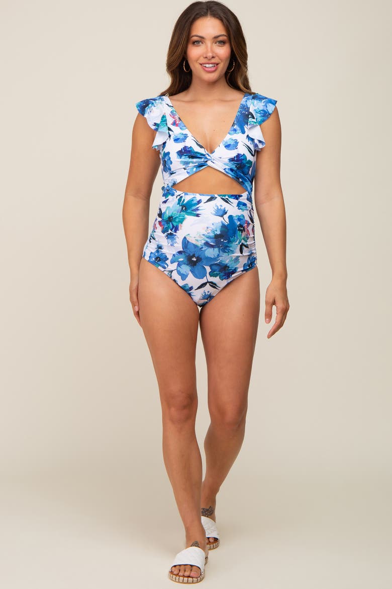 Floral Cutout Flutter One Piece Swimsuit, Alternate, color, Blue