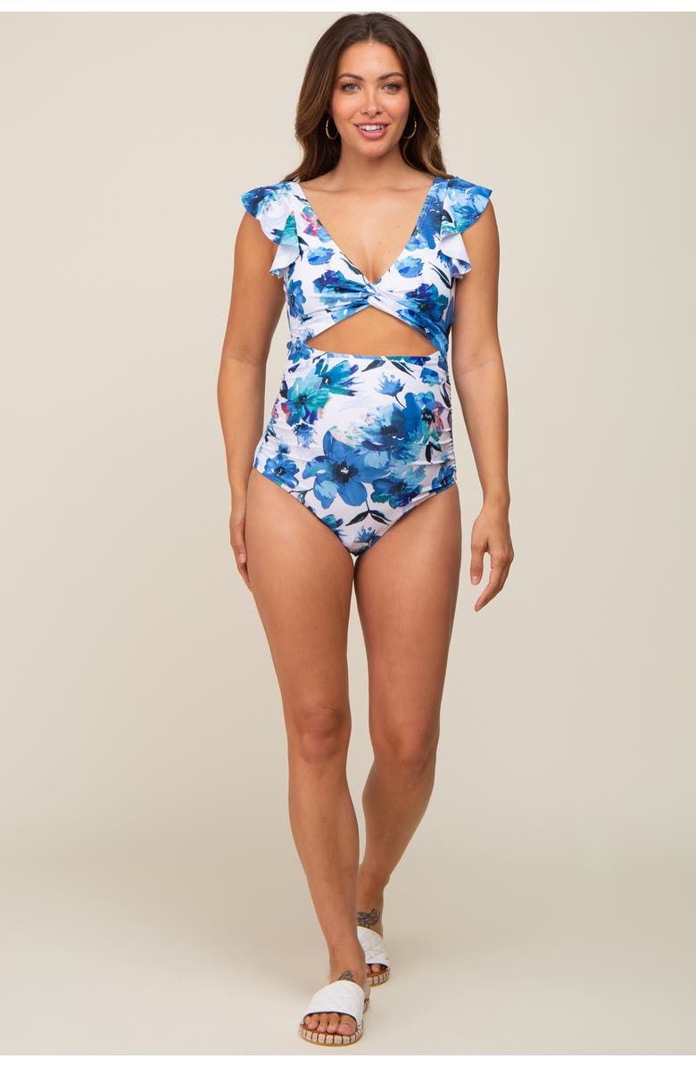 PinkBlush Floral Cutout Flutter One Piece Swimsuit, Alternate, color, Blue