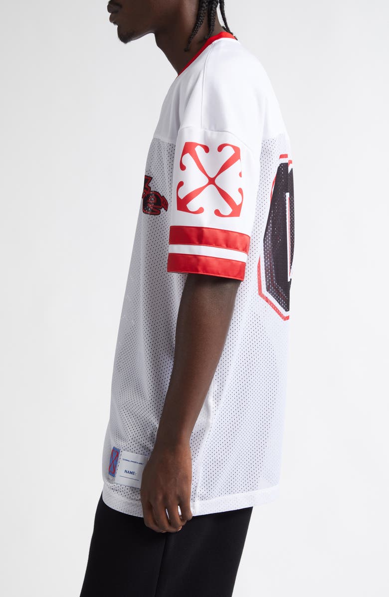 Off-White Gothic Logo V-Neck Football Mesh Graphic T-Shirt, Alternate, color, 