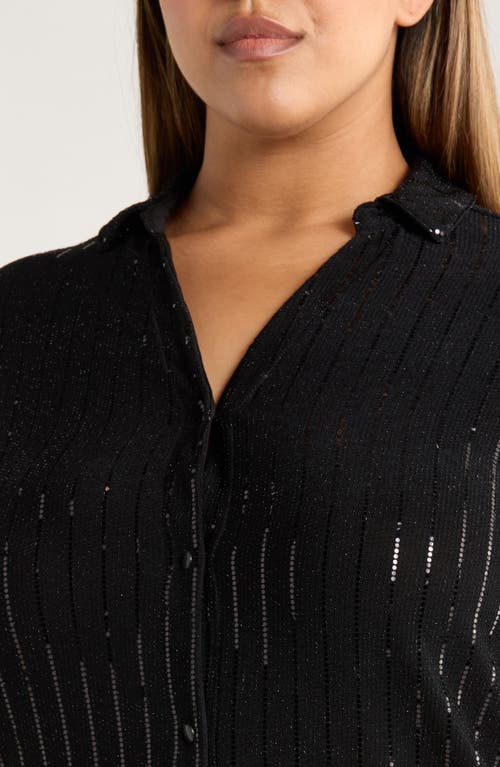 Anne Klein Plus Size Sequin Pinstripe Drop-shoulder Tunic Shirt In Black