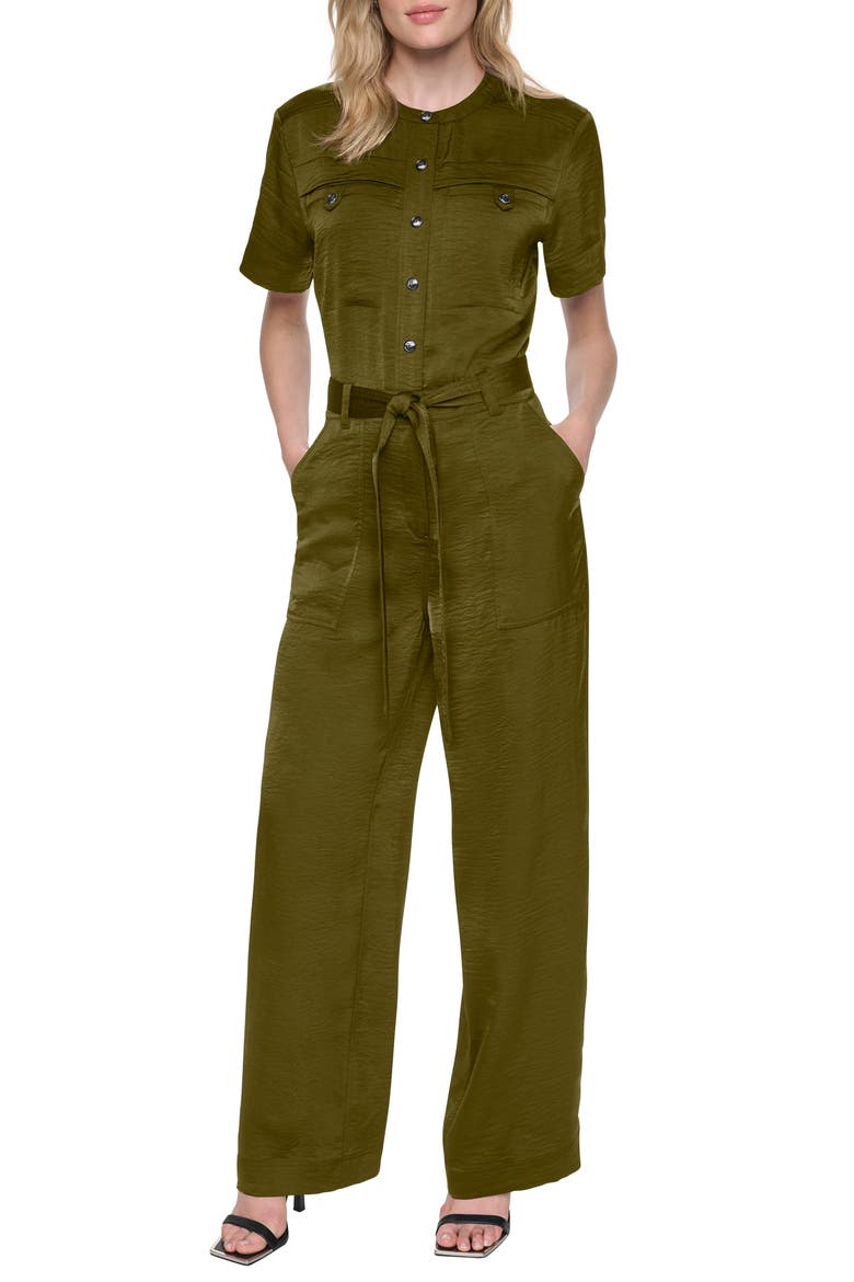 Tie Waist Satin Utility Jumpsuit, Main, color, DARK OLIVE