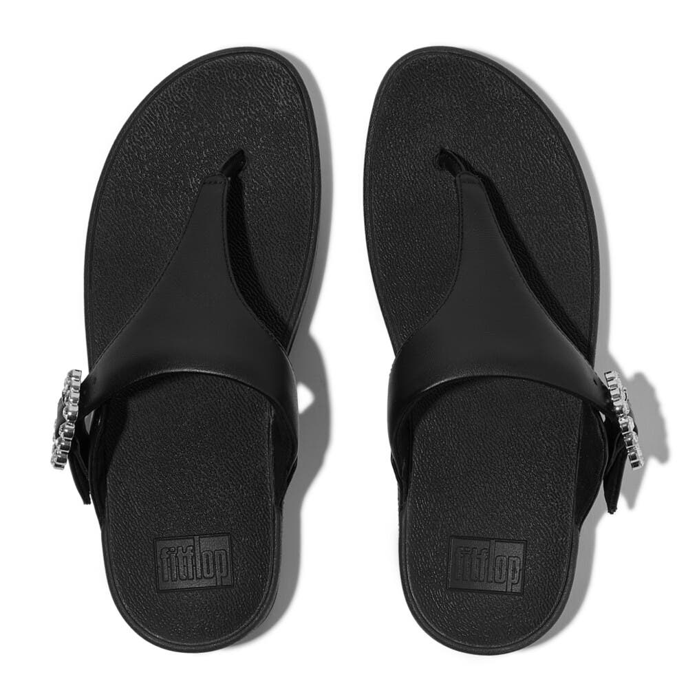 Lulu Crystal-Buckle Toe-Post, Alternate, color, All Black