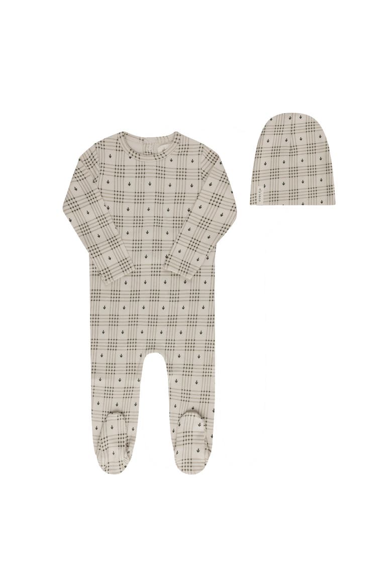Cotton Floral Plaid Collection - Footie + Beanie, Main, color, Tan