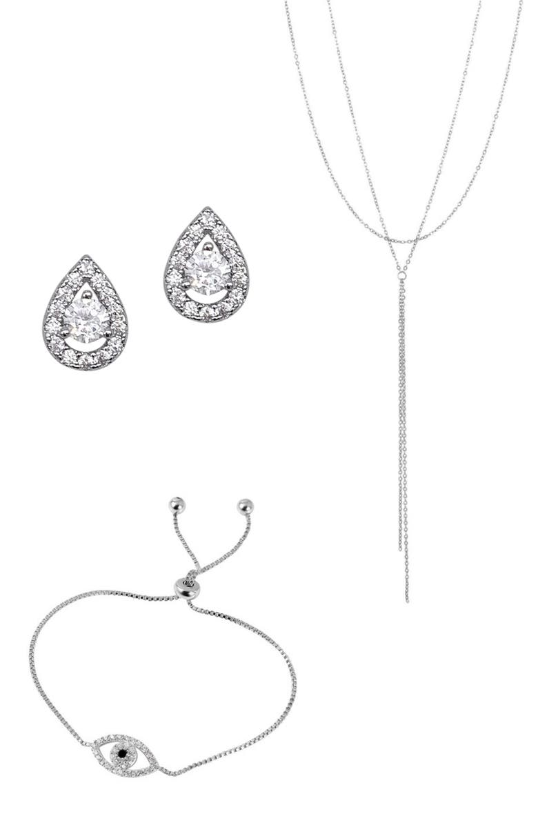 Adornia Layered Lariat Necklace, Evil Eye Bracelet & Halo Teardrop Stud Earrings, Main, color, Silver
