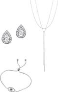 Adornia Layered Lariat Necklace, Evil Eye Bracelet & Halo Teardrop Stud Earrings