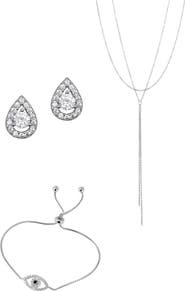 Adornia Layered Lariat Necklace, Evil Eye Bracelet & Halo Teardrop Stud Earrings