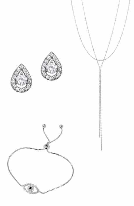 Adornia Layered Lariat Necklace, Evil Eye Bracelet & Halo Teardrop Stud Earrings