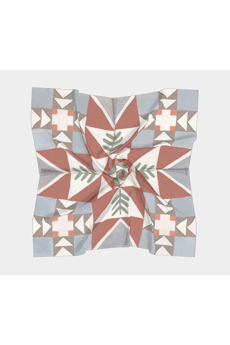 100% Silk Scarf Heirloom - Folk Quilt Pattern, Alternate, color, 35 x 35"