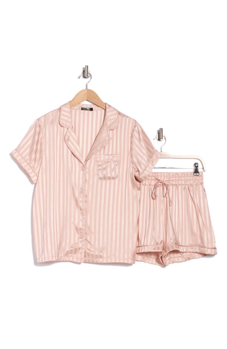 Tart Dixie Charmeuse Short Sleeve Button-Up Shirt & Shorts Pajamas, Alternate, color, Mauve Shadow Stripe