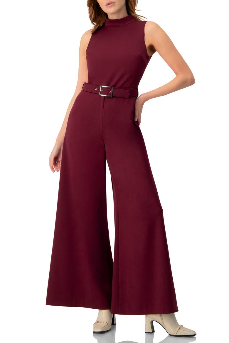 Sleeveless High Neck Jumpsuit with Belt, Main, color, Wine