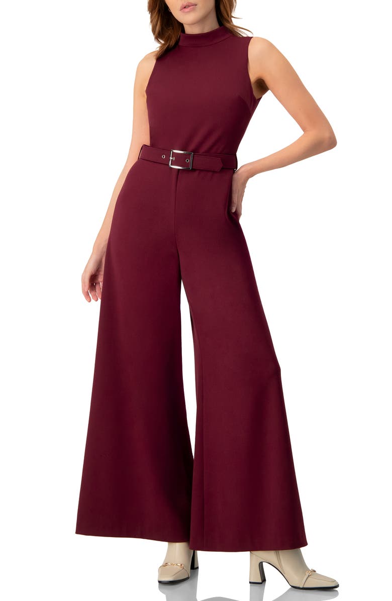 IVONNE Sleeveless High Neck Jumpsuit with Belt, Main, color, Wine