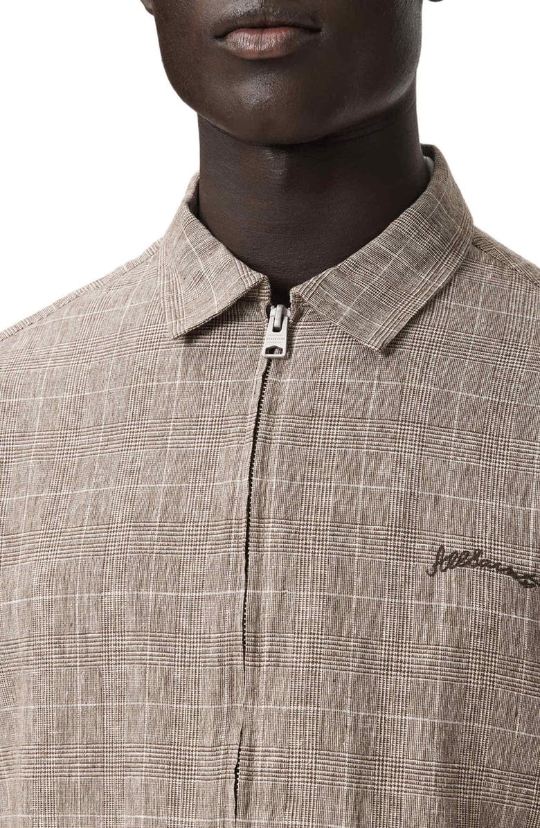 AllSaints Keal Embroidered Logo Glen Plaid Linen Blend Jacket, Alternate, color, Sediment Brown