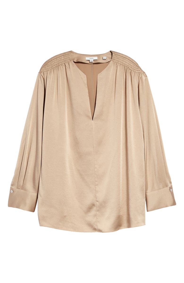 Vince Smocked Shoulder Long Sleeve Satin Blouse, Alternate, color, Pale Nut
