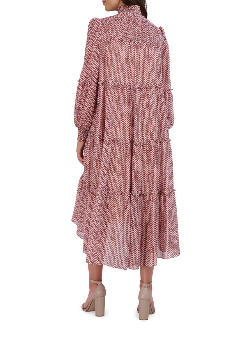Smocked Tiered Long Sleeve High-Low Dress, Alternate, color, RED/ IVORY